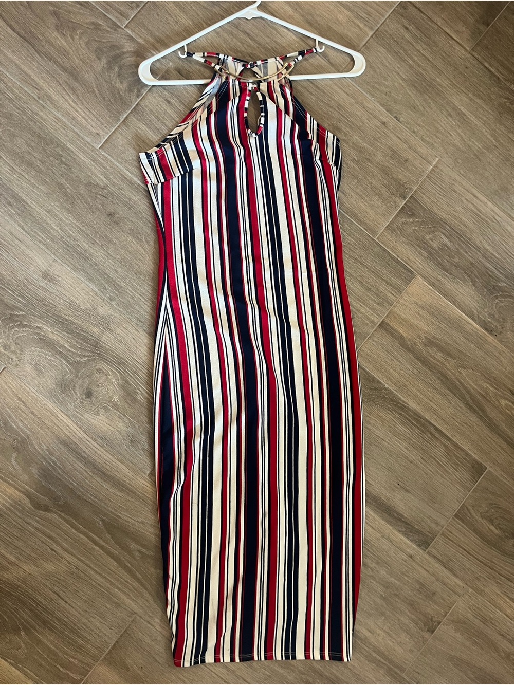 Timing Striped Halter Midi Dress in Red, Navy & Cream